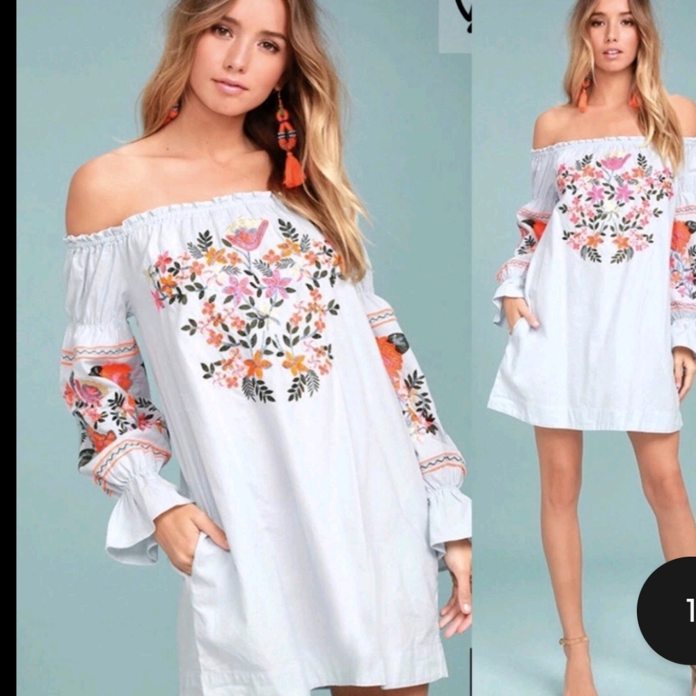 Free People Fluer De Jour Off-Shoulder Floral Dress - Blue Nwt